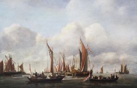 Attributed to Francois Musin (1820-1888)oil on canvas,Shipping in harbour with noblemen in a barge