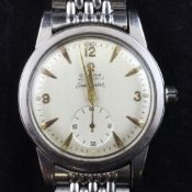 A gentleman`s early 1950`s stainless steel Omega Seamaster automatic wrist watch, with baton and