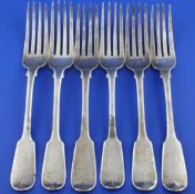 A set of six George IV silver fiddle pattern table forks, with engraved armorial, Benjamin Davis,