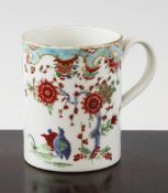 A Worcester polychrome straight sided quail pattern mug, c.1770, decorated with blue and iron red