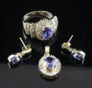 A 14ct gold, tanzanite and diamond suite of jewellery, comprising cluster ring with baguette cut