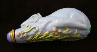 A Chinese blue enamelled porcelain squirrel moulded snuff bottle, 1780-1820, the squirrel modelled