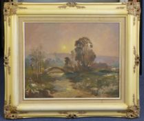 James Hardaker (1901-)oil on board,River landscape at sunset,signed, studio label verso,16 x 20in.