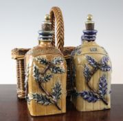 A pair of stoneware spirit flasks by Bailey of Fulham, c.1880, in original wicker basket, each