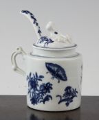 A Worcester `Three Flowers` pattern wet mustard pot, cover, and spoon, c.1775, the domed cover with