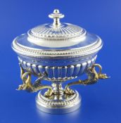 A mid 20th century Italian 800 standard parcel gilt silver pedestal bowl and cover, of demi fluted