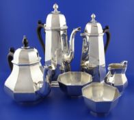 A 1970`s early 18th century design silver six piece tea and coffee service, of octagonal form with