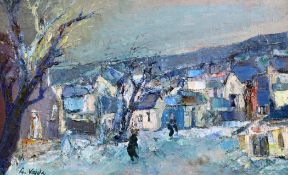 Livia Vajda (b.1929)oil on canvas,Landscape with figures in a town,signed,15 x 24in.