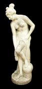 A large reconstituted stone classical female figure of a bather, on circular plinth base, H.5ft