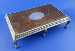A late 18th/early 19th century Scandinavian? silver mounted oak coffee pot stand, of rectangular