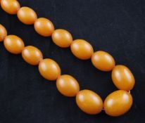 A single strand graduated yellow amber bead necklace, gross 82 grams, 28in.