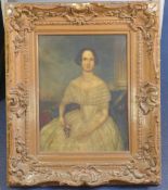 Early Victorian Schooloil on millboard,Portrait of a lady seated wearing a white dress,16.5 x 13in.