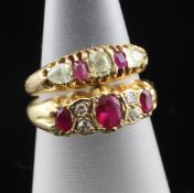 Two Victorian style 18ct gold and gem set half hoop rings, sizes M & N.