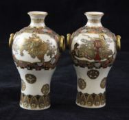 A pair of Japanese Satsuma pottery inverted baluster small vases, Meiji period, each decorated with