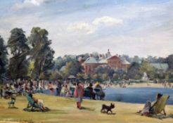 Hermione Hammond (1910-2006)oil on card,`Round Pond, Kensington Gardens`, signed, 10 x 13.5in. and