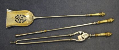 A set of three George III brass handled and steel fire irons, including tongs, shovel and poker,