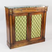A Regency marble top rosewood chiffonier, fitted two doors with brass grilles and silk cupboard