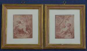 Manner of Francois Boucherpair of sepia watercolours,Putti in landscapes,5.75 x 4.5in.
