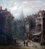 J* Park (19th century)oil on board,Old Coventry street scene with Holy Trinity Church tower in the