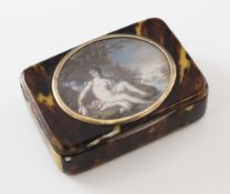 A 19th century rectangular tortoiseshell snuff box, the lid mounted with an oval painted miniature