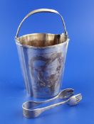 A 20th century Japanese silver ice bucket and tongs, of shaped circular tapering form, with