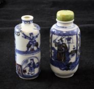 Two Chinese underglaze blue and copper red snuff bottles, 1830-1900, the first cylindrical painted