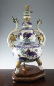 A large Chinese cloisonne enamel and bronze incense burner and cover, of triple gourd form,