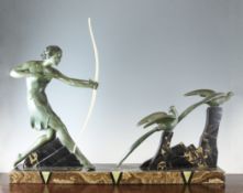 Uriano. An Art Deco bronzed spelter group of a huntress pursuing two pheasants, signed, on marble