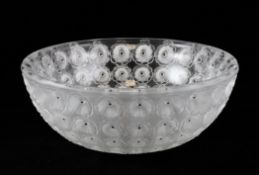 A Lalique Nemours pattern bowl, post war, with black enamelled dots to the centre of each