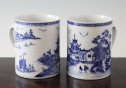 Two similar Chinese blue and white mugs, Qianlong period, each painted with figures and boats in a