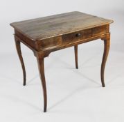 A 19th century French provincial oak and beech side table, with single frieze drawer and scroll