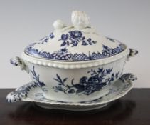 A Worcester `Pine Cone` pattern covered tureen on stand, c.1770, with shaped shell handles and an