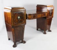 A Regency mahogany pedestal sideboard, inlaid with brass stringing, the dipped centre with single