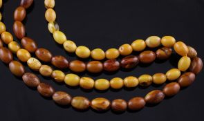 Two single strand oval amber bead necklaces, one a.f., gross 22 grams.