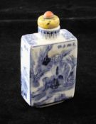 A Chinese blue and white rectangular snuff bottle, Chenghua seal mark, 1830-1880, painted with a