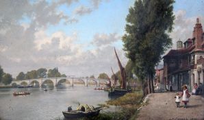 John Mulcaster Carrick (1833-1896)oil on millboard,View of Richmond Bridge with figures and shops