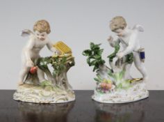 Two Meissen figures of Cupid capturing hearts, late 19th century, the first putting hearts in a