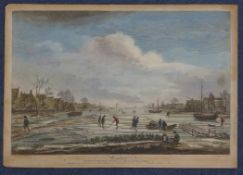 Boydell after Van Drevercoloured engraving,`Winter` with figures playing golf, 1753,10.5 x 16in.