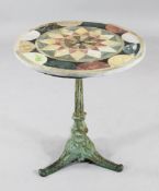 A circular specimen marble top occasional table, with green painted cast iron base, W.2ft