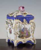 A Berlin porcelain square tea caddy and cover, 19th century, painted to each side with courting