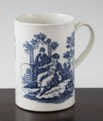 A Worcester `Le Peche and Le Promenade Chinoise` pattern mug, c.1775 printed in underglaze blue,