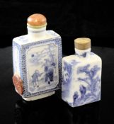 Two Chinese blue and white rectangular snuff bottles, 1830-1900, the first painted with figures in