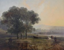 Early 19th century English Schooloil on millboard,Figure and cattle in a landscape at sunset,7.5 x