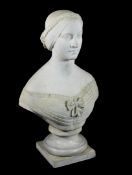 A large Victorian marble bust of a young lady, with braided hair, on circular socle and plinth