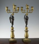 A pair of late 19th century French ormolu and bronze figural candelabra, each with a winged cherub