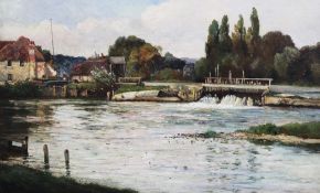 Attributed to Alfred de Breanskioil on board,Pangbourne Weir,indistinctly signed and dated 1881,16