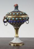 A Chinese silver gilt enamel, turquoise and coral mounted cup and cover, early 20th century, the