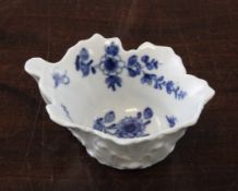 A Worcester `Pickle Leaf` pattern shaped moulded butterboat, c.1760, painted in underglaze blue,