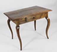 An 18th century provincial French oak side table, with single drawer, on scroll legs, W.2ft 9in.