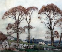 A. Moulton Foweraker (1873-1942)watercolour,Shepherd tending his flock at twilight,signed,9 x 10.